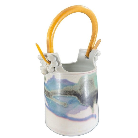 Studio Art Pottery Basket Vase With Wood Handle Artist Signed Ceramic Vintage - Picture 1 of 16